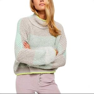 Free People Gray and Mint Cowl Neck Sweater